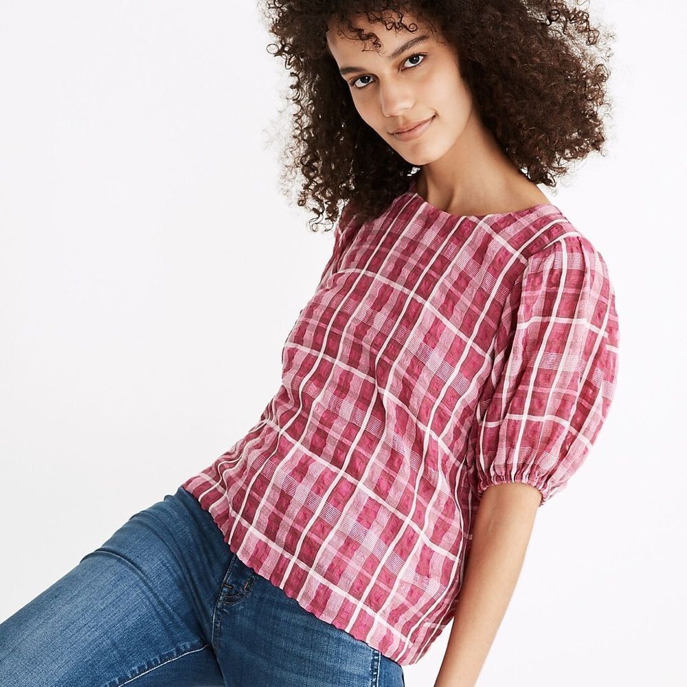 Madewell Plaid puff sleeve top